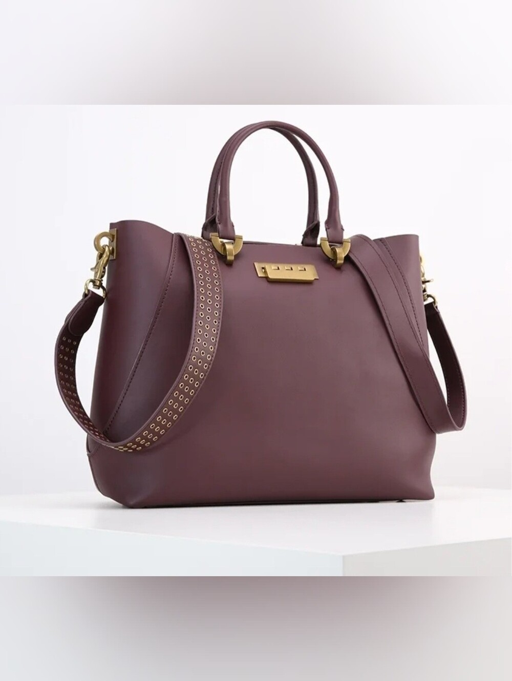 ZAC POSEN Designer Burgundy Tote Bag with Gold Hardware